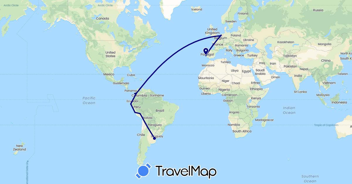 TravelMap itinerary: driving in Argentina, Colombia, Netherlands, Peru, Portugal (Europe, South America)